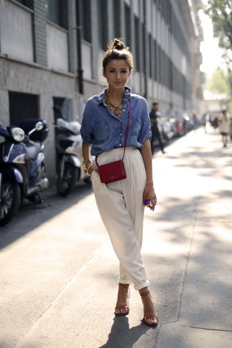 what-id-wear: What I’d Wear : The Outfit... | voguecloset | Bloglovin’ Blue Denim Shirt, Red Purse, Outfit Trends, Vogue Paris, Mode Inspiration, White Pants, Street Style Outfit, Look Fashion, Birkenstock