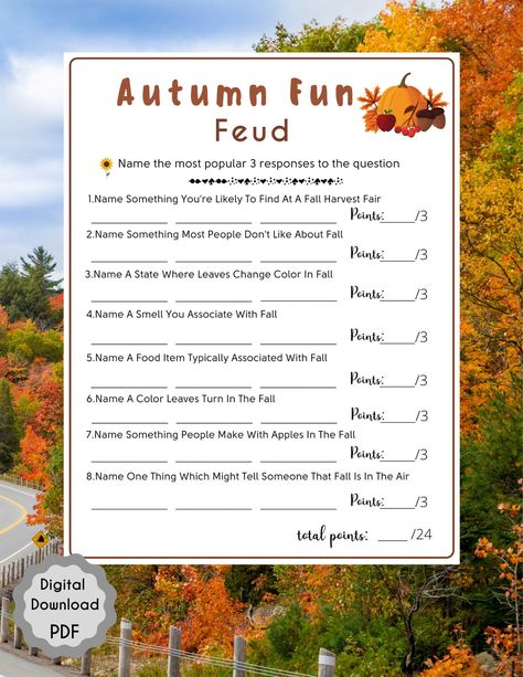 Autumn Fun Feud Game | Fall Fun Game | Fall Party Game | Printable Game Family | Zoom Party | Icebreaker | Instant Download l PDF by NaNaPrintables on Etsy Thanksgiving Jeopardy, Kids Friendsgiving, Autumn Games, Football Activities, Party Games Family, Thanksgiving Trivia, Fall Party Games, Fall Festival Games, Friendsgiving Games