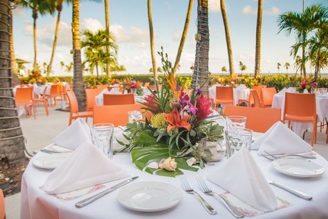 Tropical Wedding Centerpieces, Tropical Centerpieces, Tropical Wedding Theme, Coral Gables Florida, Welcome Flowers, Outdoor Reception, Coral Gables, Centerpiece Bowl, Color Theme