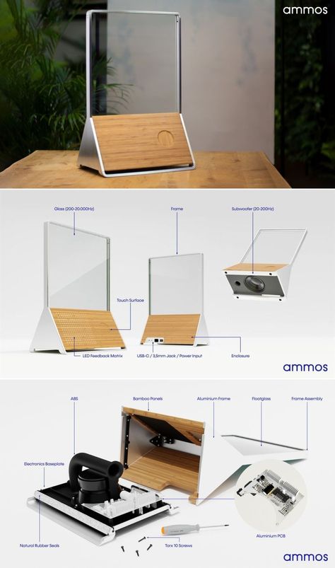 There are many different environmental impacts associated with consumer electronics but the major issue is sustainability. Most of the electronic products are difficult to recycle and they can’t also be repaired easily. Meet Ammos, an innovative home audio system that is fully recyclable and can be repaired with just a screwdriver. It is innovative in terms of materials too, as it uses a sheet of glass to produce quality sound. Speaker Concept Design, Speaker Product Design, Futuristic Radio Design, Transparent Speaker Design, B&o Speaker Design, Room Heater, Home Speakers, Office Colors, Community Space