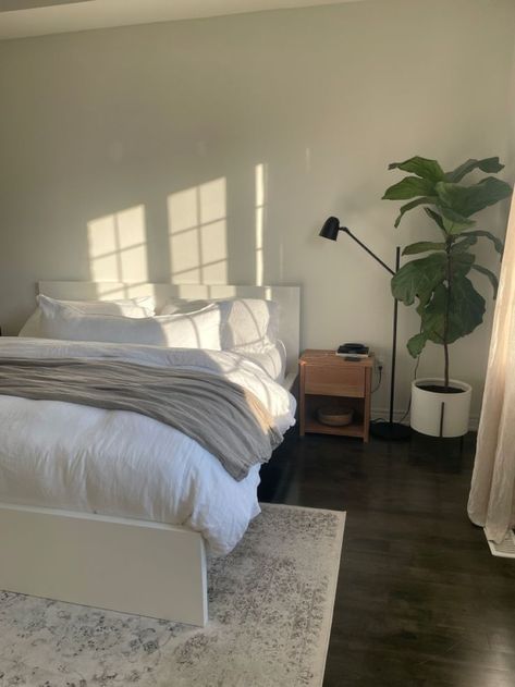 Bed Inspo Minimalist, Room Ideas White Minimalist, Rug In Room Aesthetic, Simple Minimalist Bedroom Aesthetic, Calm Simple Bedroom, Bed Set Up Aesthetic, Apartment Bedroom Carpet, Clean Bright Bedroom, Minimalist Bedroom With Carpet