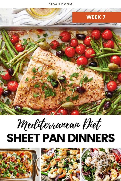 Sheet Pan Mediterranean Diet Dinners: When you ask yourself, "What's for dinner this week?" Look no further than these scrumptious and healthy Mediterranean Diet Dinners, all made on a sheet pan. Easy clean-up, healthy, and simple. It's what's on the menu this week. Mediterranean Diet Eating Out, Mediterranean Diet Sheet Pan Dinners, Weekly Mediterranean Meal Plan, Mediterranean Diet Beef Recipes, Mediterranean Diet Recipes Meal Plan, Mediterranean Diet Recipes Slow Cooker, Liver Diet Recipes Healthy Food, Mediterranean Sheet Pan Recipes, Mediterranean Diet Meal Plan For Beginners