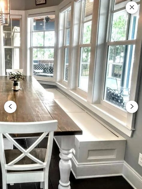 Window Seats In Kitchen, Kitchen Bench Window, Built In Kitchen Bench, Sunroom Interior, Kitchen Bump Out, Bay Window Seating Kitchen, Built In Window Seat, Nook Bench, Seating In Kitchen