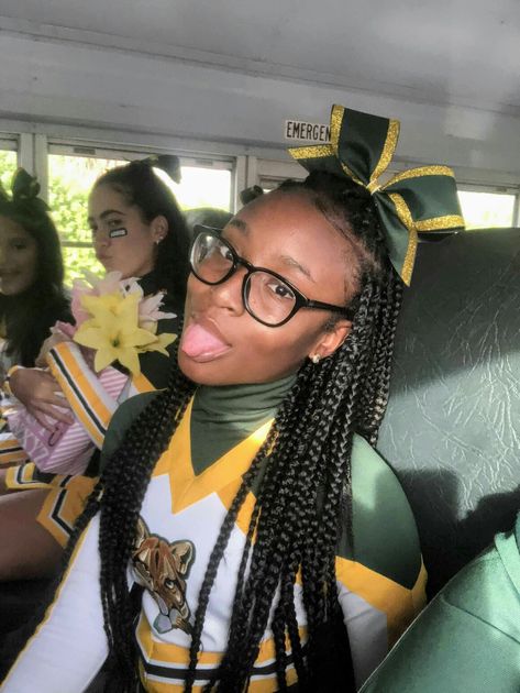 black cheerleader highschool cheer Cheer Hairstyles With Braids, Black Cheerleaders Hairstyles Braids, Cheer Hairstyles Braids, Cheerleading Black People, Cheer Hairstyles Black Women, Black Cheerleaders Hairstyles, Black Cheerleader Aesthetic, Highschool Cheer Aesthetic, Hbcu Dancers