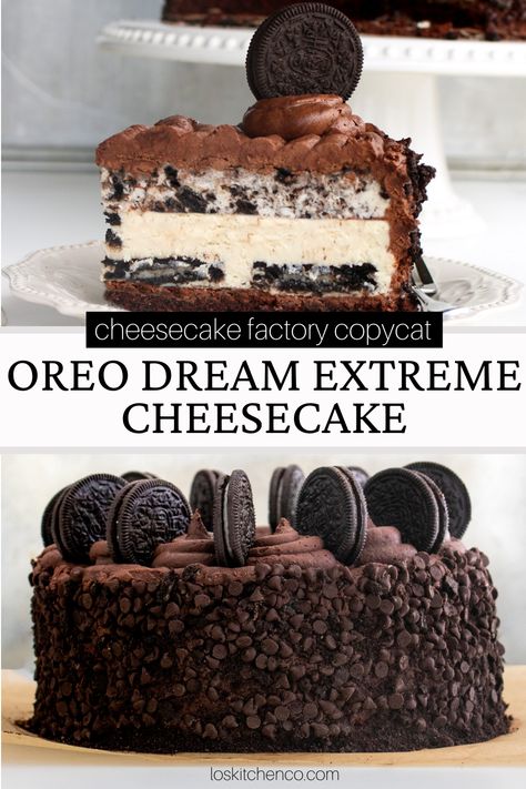 This Cheesecake Factory copycat recipe couldn’t be more identical to the real thing. It has a chocolate cake on the bottom, layered with a whipped chocolate ganache frosting, Oreo cheesecake (with full Oreos inside), Oreo cookies & cream mousse, and finished with a final layer of ganache frosting. This is THE dream Oreo cheesecake. The cheesecake recipe will be a showstopper at any event or occasion. Would be a great thanksgiving dessert to add to your pies. Oreo Dream Extreme Cheesecake, Oreo Cheesecake Cheesecake Factory, Ultimate Oreo Cheesecake, Oreo Cookie Cheesecake Recipe, Best Oreo Cheesecake Recipe, S’mores Cheesecake, Oreo Pumpkin Cheesecake, Cheesecake Factory Oreo Cheesecake, Freeze Cheese