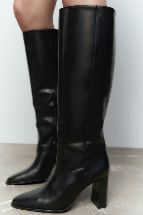 Zara Knee High Boots, Black Chunky Heels Boots, Sue Barker, Black Dress Boots, Leather High Heel Boots, Zara Boots, Autumn Ideas, Knee High Heels, Embellished Shoes