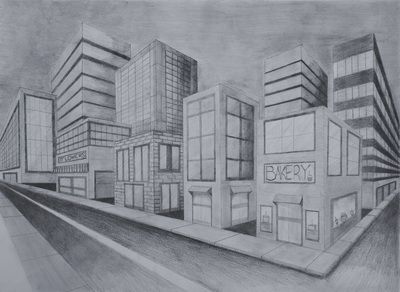 Perspective City - SVHS Art Two Point Perspective City, 2 Point Perspective City, Perspective City, 2 Point Perspective Drawing, 3 Point Perspective, Two Point Perspective, Perspective Sketch, Perspective Drawing Architecture, Perspective Drawing Lessons