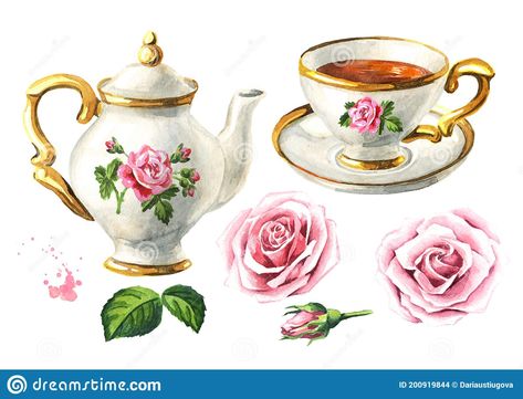 Cup Drawing, Pink Tea Party, Tea Decor, Water Paint, Watercolor Collection, Decoupage Glass, Party Clipart, Vintage Teapot, Paper Napkins For Decoupage