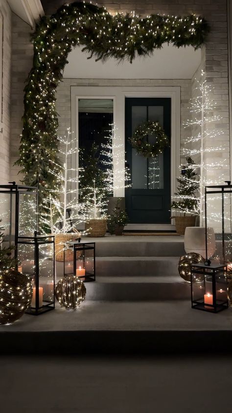 Lit Twinkling Twig Tree curated on LTK Outdoor Modern Christmas Decor, Outdoor Decoration For Christmas, Christmas Outside House Decorations, Modern Christmas Porch Decor Ideas, Outdoor Modern Christmas Decorations, Christmas Trellis Outdoor, Chic Outdoor Christmas Decor, Small House Christmas Decor Outdoor, Minimalist Christmas Decor Outdoor