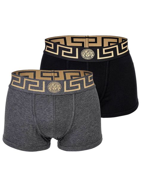 Zwei elegante Herren Boxer Shorts der Marke VERSACE. Hochwertige Unterhosen mit Greca-Muster und Medusa-Motiv am elastischen Bund. Sehr hohe Qualität.