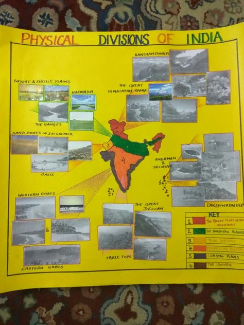 My son's Geography school project on physical divisions of India Landforms Of India Project, Geography Chart Ideas, Physical Division Of India, Physical Features Of India Project, Landforms Model Projects, Equator Map, Geography Poster, Science Project Models, Geography Notes