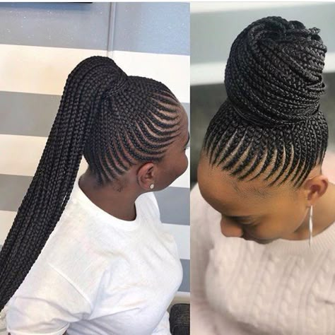 One style, two different ways of styling * * Follow @thehairkulture and @braided__  for more * * * * *  #protectivehairstyle #kinkychicks… Big Cornrows Hairstyles, Big Cornrows, Aleph Bet, Cornrow Ponytail, Pineapple Water, African Hair Braiding Styles, Braided Cornrow Hairstyles, Braided Ponytail Hairstyles, Baby Hairs