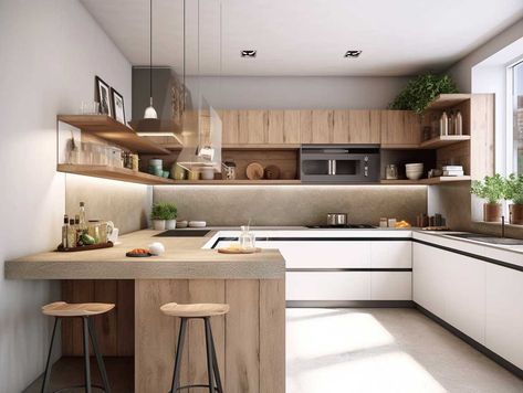 Discover the Beauty of Modern U-Shaped Kitchens with Organic Design �• 333+ Images • [ArtFacade] G Shape Kitchen, U Shape Kitchen Design, Modern U Shaped Kitchens, Kitchen Without Upper Cabinets, U Shaped Kitchen Cabinets, U Shape Kitchen, Small L Shaped Kitchens, Upstate House, Japandi Kitchen