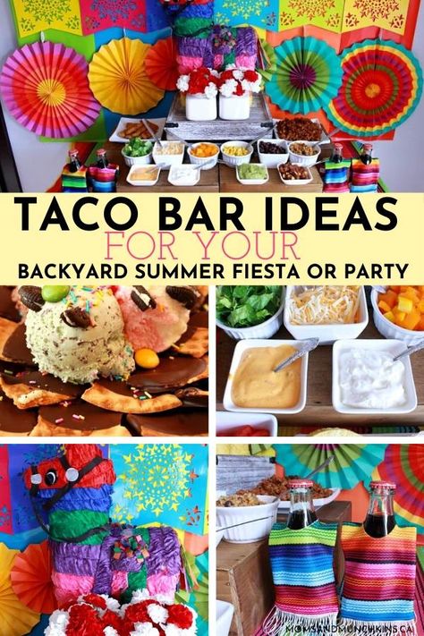 Planning a simple backyard summer fiesta or a get together party with friends and family over the weekend? Easily throw together a Taco Bar and host a Taco Bar party with these Taco Bar Ideas!  Taco Bar Ideas For Your Backyard Summer Fiesta Or Party.   #TacoBarIdeas #TacoThemedParty Encanto Taco Bar, Tacos Bar Party Ideas, Mexican Taco Bar Party Ideas, Taco Bar Ideas Birthdays, Taco Birthday Party Kids, Taco Themed Birthday Party, Tacobar Party, Taco Themed Party, Taco Bar Ideas