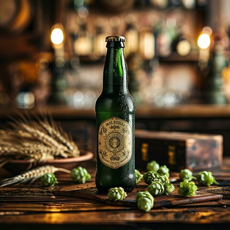 Craft Beer Bottle: A chilled craft beer bottle surrounded by fresh hops and wheat on a rustic bar. #beer #bottle #craft #hops #wheat #aiart #aiphoto #stockcake ⬇️ Download and 📝 Prompt 👉 https://ayr.app/l/Smc8 Beer Commercial, Bar Beer, Bottle Images, Bottle Craft, Rustic Bar, Craft Beer, Beer Bottle, How To Take Photos, Wheat