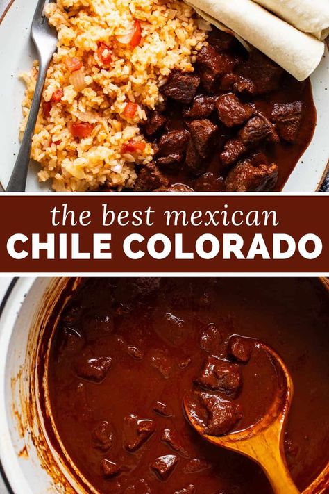 Chile Colorado made from tender pieces of beef in a rich and flavorful red chile sauce. Serve with Mexican rice and corn tortillas for a delicious authentic and traditional Mexican dish! Chile Colorado Recipe Beef, Easy Chili Colorado Recipe, Chili Colorado Recipe, Chili Colorado, Rice And Corn, Mexican Food Dishes, Chile Colorado, Colorado Food, Red Chile Sauce