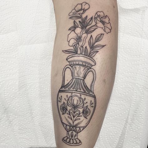 Case Tattoo, Grecian Vase Tattoo, Flowers In Vase Tattoo, Left Arm Tattoos, Line Art Tattoos, Discreet Tattoos, Dainty Tattoos, Tattoo Art Drawings, Dope Tattoos