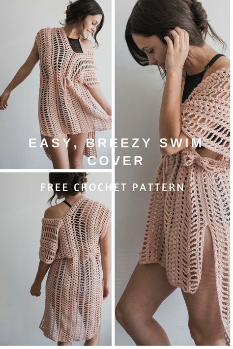 How To Make A Swimsuit Cover Up Dress From A Crochet Rectangle [Free Pattern] Crochet Dress Over Swimsuit, Crochet Beach Sweater Pattern, Easy Crochet Cover Up, Free Crochet Clothes Patterns For Women, Beach Crochet Cover Up, Beach Cover Crochet, Crochet Cover Up Pattern, Swimsuit Coverup Pattern, Beach Cover Up Crochet