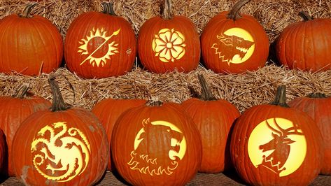 Game of Thrones pumpkin carving ideas [From: Winter is Coming] Game Of Thrones Pumpkin, Pumkin Decoration, Carving Templates, Game Of Thrones Party, Halloween Templates, Pumpkin Carving Patterns, Beautiful Pumpkins, Artificial Pumpkins, Pumpkin Carvings Stencils