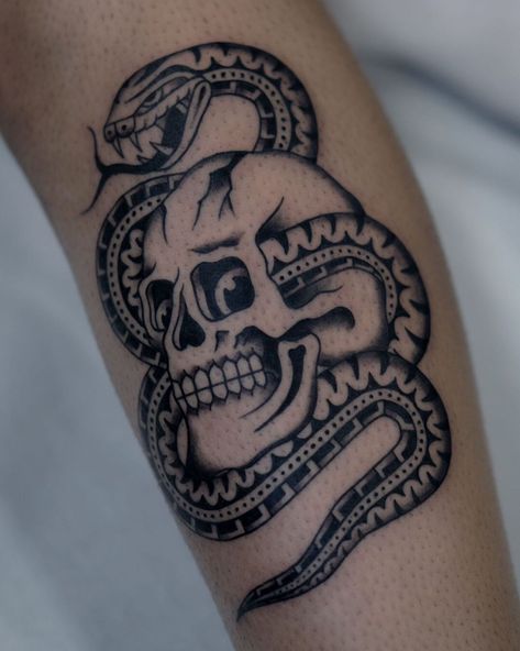 Black And Grey Tattoos Patchwork, Traditional Snake Tattoo Black And Grey, Skull Snake Tattoo Traditional, Traditional Skull Tattoo, Traditional Snake Tattoo, Tattoo Portfolio, Calf Tattoo, Traditional Tattoos, Grey Tattoo