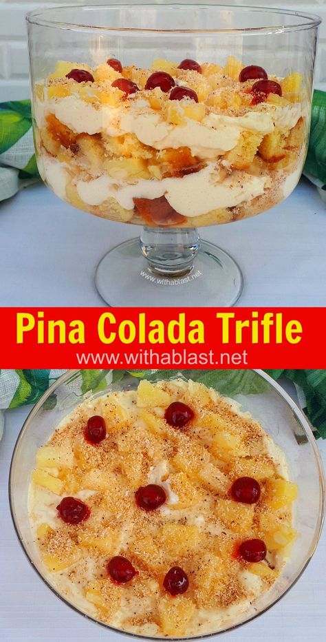 This Pina Colada Trifle can be made boozy or non-alcoholic and is an all seasons recipe. Perfect for potlucks, Sunday dessert or as a special week night dessert (Short cut recipe !) Sunday Dessert, Night Dessert, Cut Recipe, Alcoholic Desserts, Homemade Snickers, Trifle Desserts, Gourmet Cupcakes, Easy Drink Recipes, Trifle Recipe