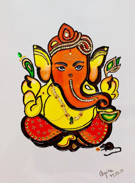 Ganesha glass painting on A4 size OHP sheet. Easy for beginners. Glass Painting Designs On Ohp Sheet, Glass Painting On Ohp Sheet, Ganesha Glass Painting, Sheet Drawing, Ganesh Painting, Pikachu Drawing, Sunset Canvas Painting, Kundan Work, Glass Painting Designs