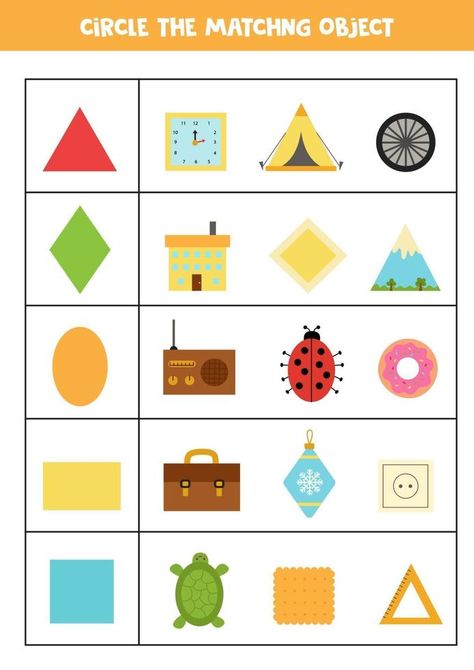 Worksheet for learning geometrical shapes. Matching objects. Match The Shapes With Objects Worksheet, Shape Games For Preschool, Matching Shapes Worksheet, Shapes Preschool Worksheets, Shapes Worksheets For Kids, 2d Shapes Worksheet, Shapes Activities Preschool, Shapes Worksheets For Kindergarten, Shape Worksheet