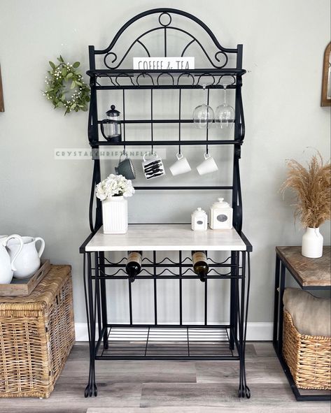 Metal Bakers Rack Makeover, Farmhouse Bakers Rack Decor, Bakers Rack Makeover Farmhouse, Modern Bakers Rack, Bakers Rack Makeover, Bakers Rack Ideas, Bakers Rack Decorating, Outdoor Bakers Rack, Flipped Furniture