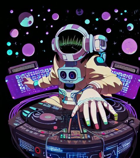 Space Graffiti Art, Dj Character Design, Techno Illustration, Astronaut Animation, Dj Character, Music Astronaut, Robot Astronaut, Dj Cartoon, Dj Artwork