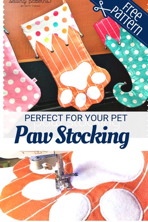 Paw Stocking Pattern Free, Free Holiday Sewing Patterns, Diy Cat Stocking, Dog Stockings Christmas Diy, Cat Christmas Stocking Diy, Dog Christmas Stocking Pattern, Pet Christmas Stockings Diy Free Pattern, Dog Bone Stocking Pattern Free, Free Stocking Pattern Sewing