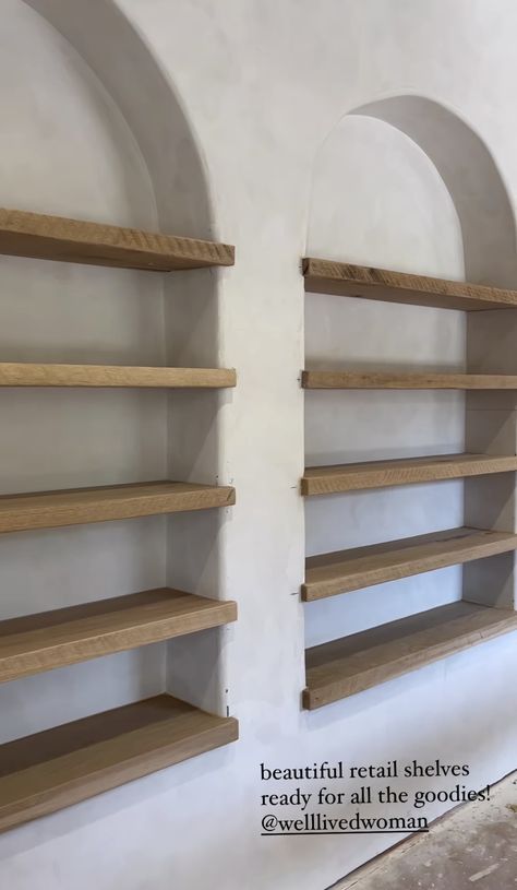 Adobe Built In Shelves, Floating Retail Shelves, Stucco Built In Shelves, Shelves Between Columns, Arched Floating Shelves, Arch Bookcase Diy, Wall Cutout Between Rooms, Drywall Niche, Built In Wall Shelves