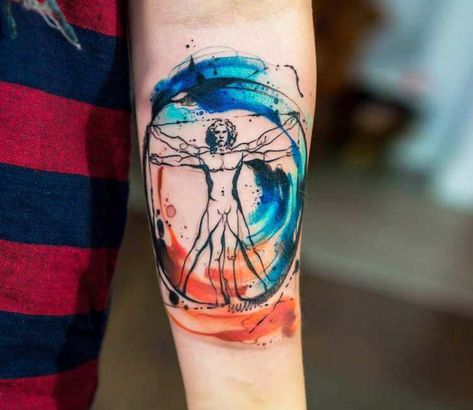 Vitruvian Man Tattoo, Watercolor Galaxy Tattoo, Watercolour Tattoo Men, Artsy Tattoos, Wolf Tattoo Sleeve, Man Tattoo, Planet Tattoos, Marquesan Tattoos, Galaxy Tattoo