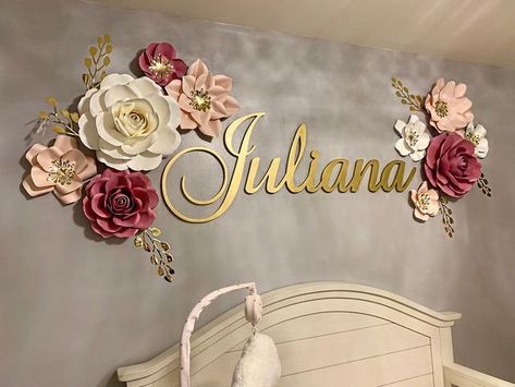 Glitter Nursery, Paper Flowers Wall Decor, Gold Nursery Decor, Paper Flower Wall Art, Paper Flowers Wall, Name Wall Decor, Flowers Wall Decor, Paper Flower Wall Decor, Nursery Name Sign