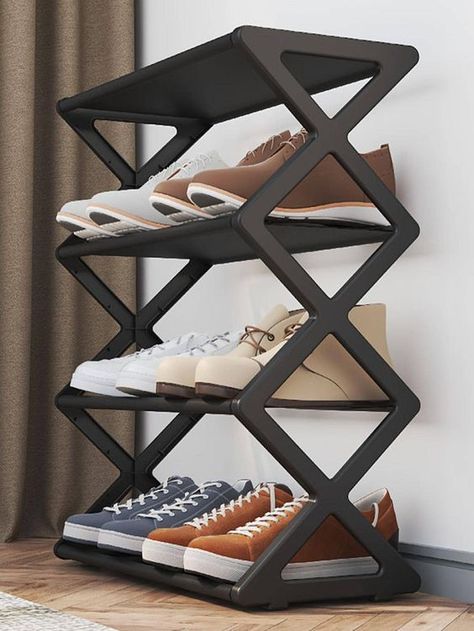 Black Collar Plastic Embellished Storage & Organization Folding Shoe Rack, Rak Kasut, Plastic Shoe Rack, Stackable Shoe Rack, Steel Shoes, Foldable Shoes, Shoe Storage Rack, Furniture Storage Cabinets, Shoe Rack Organization