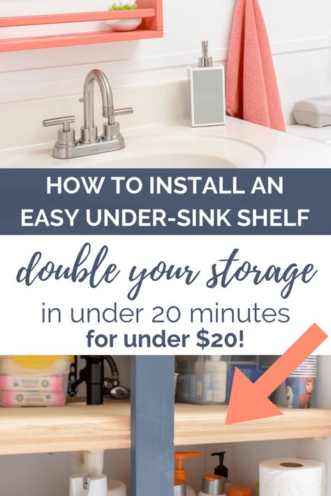 Bathroom Organizing DIY: How To Easily Double The Storage Capacity Under Your Sink For Cheap Under Sink Shelf, Under Bathroom Sink, Diy Bathroom Storage Ideas, Bathroom Organizing, Bathroom Under Sink, Cheap Organization, Vanity Shelves, Bathroom Sink Cabinets, Sink Shelf