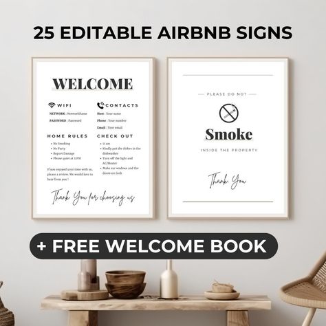 Enhance Your Hosting with Our 25 Airbnb Sign Bundle + Free Welcome Book! Transform your Airbnb property into a guest-friendly haven with our comprehensive 25 Airbnb Sign Bundle, complete with a complimentary Welcome Book. Designed to provide clear guidance and elevate your guests' experience, this bundle is a must-have for any dedicated host. Why Choose Our 25 Airbnb Sign Bundle? Comprehensive Coverage: From check-in instructions to house rules and local tips, our bundle covers all essential asp Airbnb Sign, Airbnb Property, Welcome Basket, Airbnb Welcome Book, Wifi Sign, Airbnb Host, House Rules, Clean Modern, Canva Templates