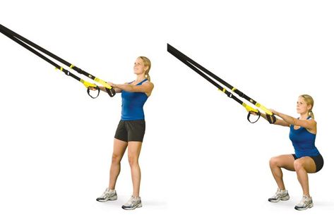 You may have seen those black-and-yellow straps hanging from the ceiling at your gym and wondered how the heck to use them. This deceptively simple piece of equipment is the TRX Suspension Trainer, and it was developed to deliver an incredible total-body workout using only your body weight as resistance. Trx Squat, Trx Exercises, Trx Suspension Trainer, Trx Suspension Training, Trx Suspension, Trx Training, Suspension Trainer, Trx Workouts, Suspension Training