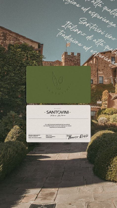 I've used natural colors, drawing inspiration from the hues of grapes and their leaves. 🍇 To infuse tradition and a personal touch into the brand, I've incorporated a handwritten element, adding that warm, human connection that sets Santovini apart from competitors. ✨ The embossed logo adds a timeless, elegant, and classy charm. 🤍 card design | winery | winery branding | green card | natural tones | classy | elegant #thankyoucard #carddesign #winerybranding #winerydesign Winery Mood Board, Winery Graphic Design, Winery Color Palette, Timeless Graphic Design, Olive Green Branding, Thank You Design, Green Branding Design, Handwritten Branding, Thankyoucard Design