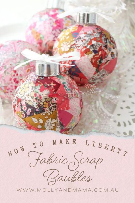 Download the free and easy instructions to cover your own baubles or ornaments with your favourite fabric scraps, and create gorgeous personalised Christmas decorations for your tree. Quilters Candy, Fabric Christmas Ornament, Liberty Christmas, Fabric Bookmarks, Beginner Quilt, Ornament Tutorial, Book Marks, Fabric Ornaments, Fabric Christmas Ornaments