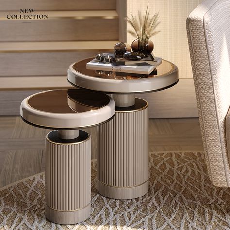 A double-volume pedestal, the HAMPTONS side table’s mirrored surfaces play with light and reflections, while veneer and brushed-brass accents outline its clean-lined silhouette. Shop this and more side table designs at the link in bio. #furniture #interiordecor #interiorstyling #designinspiration #homestyle #homedecoration #luxuryhome #luxurydesign #luxurystyle #luxuryinteriors #Entrance #Hall #ModernHomes #DecorInspiration #Lobby #ModernLiving #DecorStyle #Foyer #HallwayDecor #HallwayInspo High End Side Table, Modern Furniture Design Chair, Luxe Side Table, Luxury Table Design, Side Tables In Living Room Modern, Lobby Table, Designer Side Table, Table Side, Contemporary Side Table