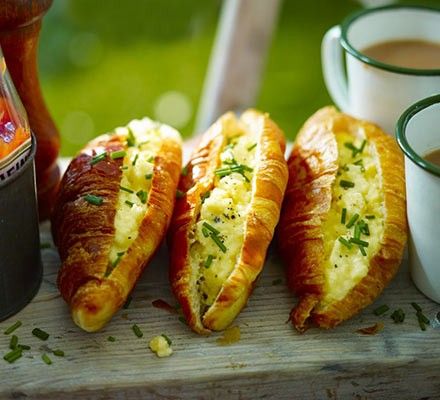 Cheesy scrambled egg croissants recipe | BBC Good Food Egg Croissant, Cheesy Scrambled Eggs, Vegetarian Nutrition, Camping Breakfast, Croissant Recipe, Easy Camping Meals, Scrambled Egg, Bbc Good Food, Mothers Day Brunch