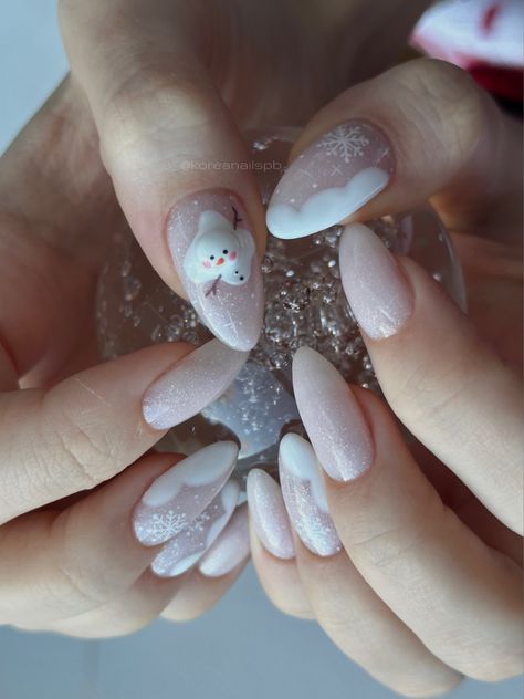 Korean Holiday Nails, Cozy Winter Nails, Christmas Nails Douyin, Christmas Douyin Nails, Nail Korean Style Christmas, Korean Winter Nails, Christmas Nails Korean, Korean Christmas Nails, Nails Snowman