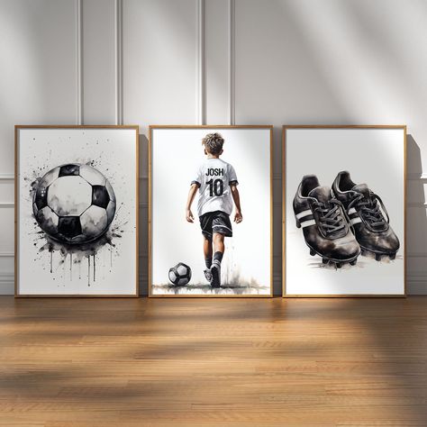 Score a winning goal with our Personalised Set of 3 A4 Football Prints - the ultimate gift for your footballer son! Tailored for bedroom or games room decor, this digital download adds a personalised touch to any space, making it the perfect gift for the passionate football enthusiast. Celebrate your son's love for the game with these A4 prints featuring customisable elements like his name, jersey number. Each print captures the spirit of football, creating a dynamic and motivational atmosphere that resonates with every goal-oriented player. Transform his space into a football haven with these high-quality digital prints. The customisation options allow you to tailor the prints to his unique preferences, ensuring a one-of-a-kind display that reflects his passion for the beautiful game. Whe Classy Football Bedroom, Football Related Gifts, Football Display Ideas, Boy Themed Rooms, Teen Boy Room Decor Ideas, Soccer Room Ideas For Boys, Football Room For Boys, Wall Art For Men Bedroom, Football Room Ideas