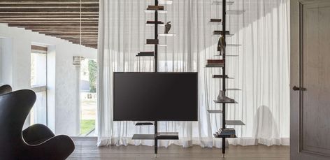 Contemporary Bookshelf, Unique Bookshelves, Hanging Tv, Ceiling Tv, Bookcase Tv Stand, Metal Bookshelf, Tv Shelf, Tv Bracket, Bookshelf Design