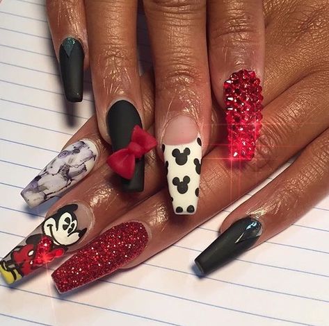 Mickey Mouse Inspired Nails Mickey Mouse Inspired Nails, Pedicure Ideas Valentines, Nails Acrylic Mickey Mouse, Nail Art Designs Mickey Mouse, Disney Pedicure Ideas, Disney Pedicure, Long Mickey Mouse Nails, Disney Acrylic Nails Minnie Mouse, Mouse Nail Art