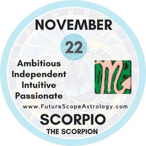 Is your Birthday on November 22 ? Know the Sun Sign, Personality, Compatibility and more…. for people with November 22 Birthday. November 22 Zodiac sign Scorpio November 22 Ruling Planet Mars November 22 Element Water November 22 Lucky day Monday November 22 Lucky Colors Red, Scarlet, Rust November 22 Lucky Numbers 9, 18, 27 November 22 Birthstone Topaz November 22 Zodiac Compatibility Most ... Read more Zodiac Sign For September, Personality Compatibility, Zodiac Sign Compatibility, Scorpio Sun Sign, September Zodiac, Sign Compatibility, Scorpio Personality, Birthday Personality, Birthday Horoscope