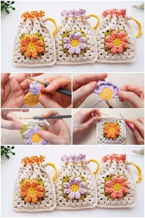 Crochet Motif Bag Pattern, Crystals And Crochet, Free Small Flower Crochet Pattern, Crochet Beats Case, Crochet Pouch Bag Pattern, Crochet Sewing Patterns, Flower Pouch Crochet, Crochet Small Projects Gift Ideas, Crochet Gifts For Him