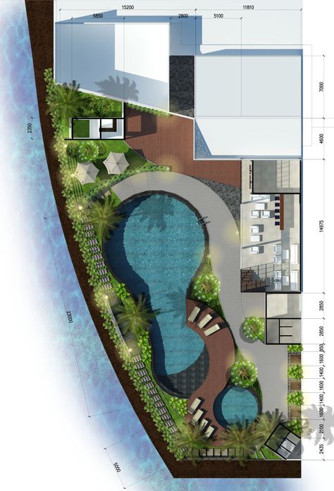 Swimming Pool In Hotel, Landscape Swimming Pool Design Plan, Swimming Pool Layout Plan, Cottage Swimming Pool, Swimming Pool Designs Plan, Tropical Clubhouse, Organic Pool Design, Swimming Pool Plan Architecture, Villa Landscape Design Plan