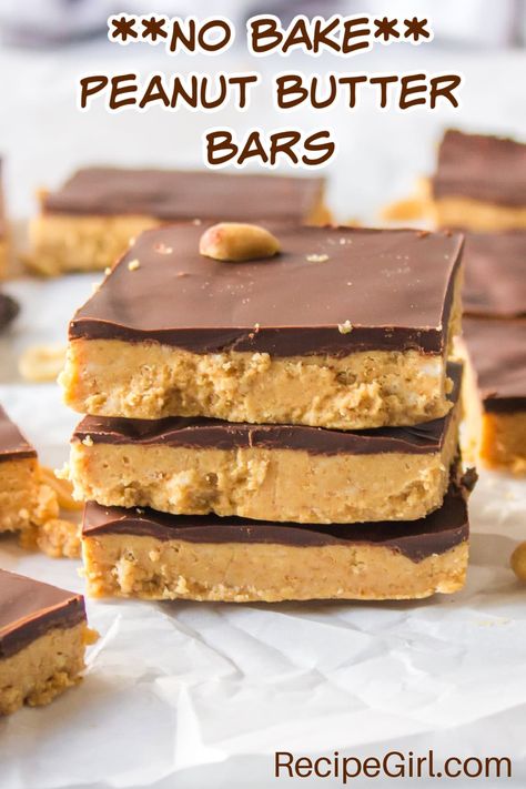 No Bake Peanut Butter Bars recipe from RecipeGirl.com Peanut Butter Bars No Bake, Oreo Layer Dessert, Peanut Butter Crunch Bars, No Bake Peanut Butter Bars, Butter Bars Recipe, Candy Homemade, Peanut Butter Bars Recipe, Peanut Butter Cookie Bars, Peanut Butter Crunch