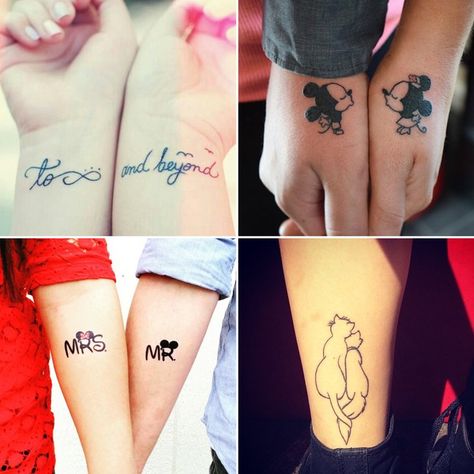 24 Disney Couple Tattoos That Prove Fairy Tales Are Real Matching Disney Tattoos, Disney Couple Tattoos, Couple Tattoos Love, Couple Tattoos Unique Meaningful, Wife Tattoo, Tattoo Off, Cute Matching Tattoos, Couples Tattoos, Small Couple Tattoos